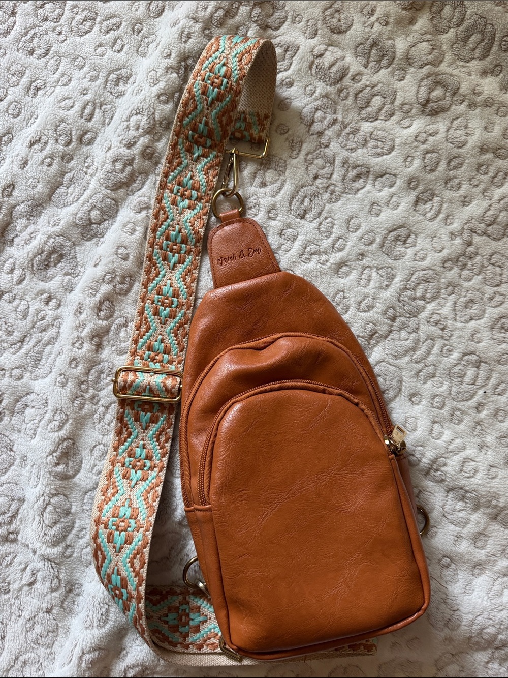 Stylish Tan Crossbody Sling Bag with Patterned Strap